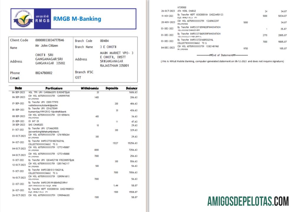 Extrato bancário realista da Índia RMGB modelo Word e PDF, 2 páginas Scr